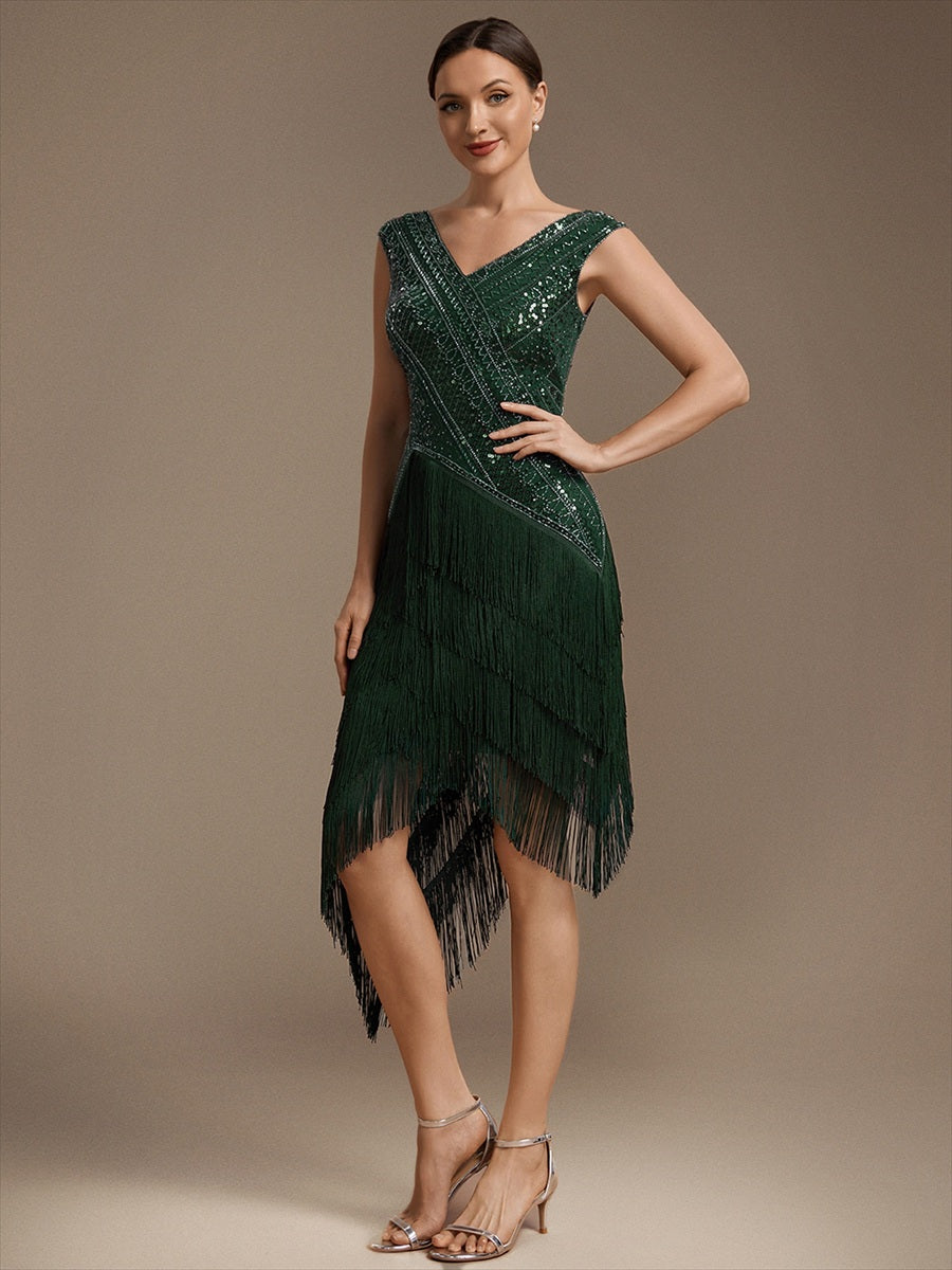 robe à manches courtes en sequins décolleté en V ourlet asymétrique longueur genou #Couleur_Vert Fonce