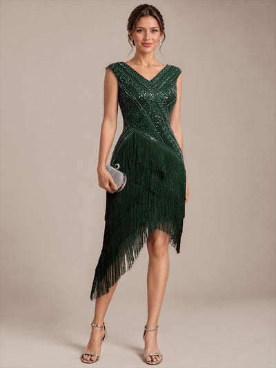 Robe de cocktail glamour en tulle à décolleté V, sequins et perles