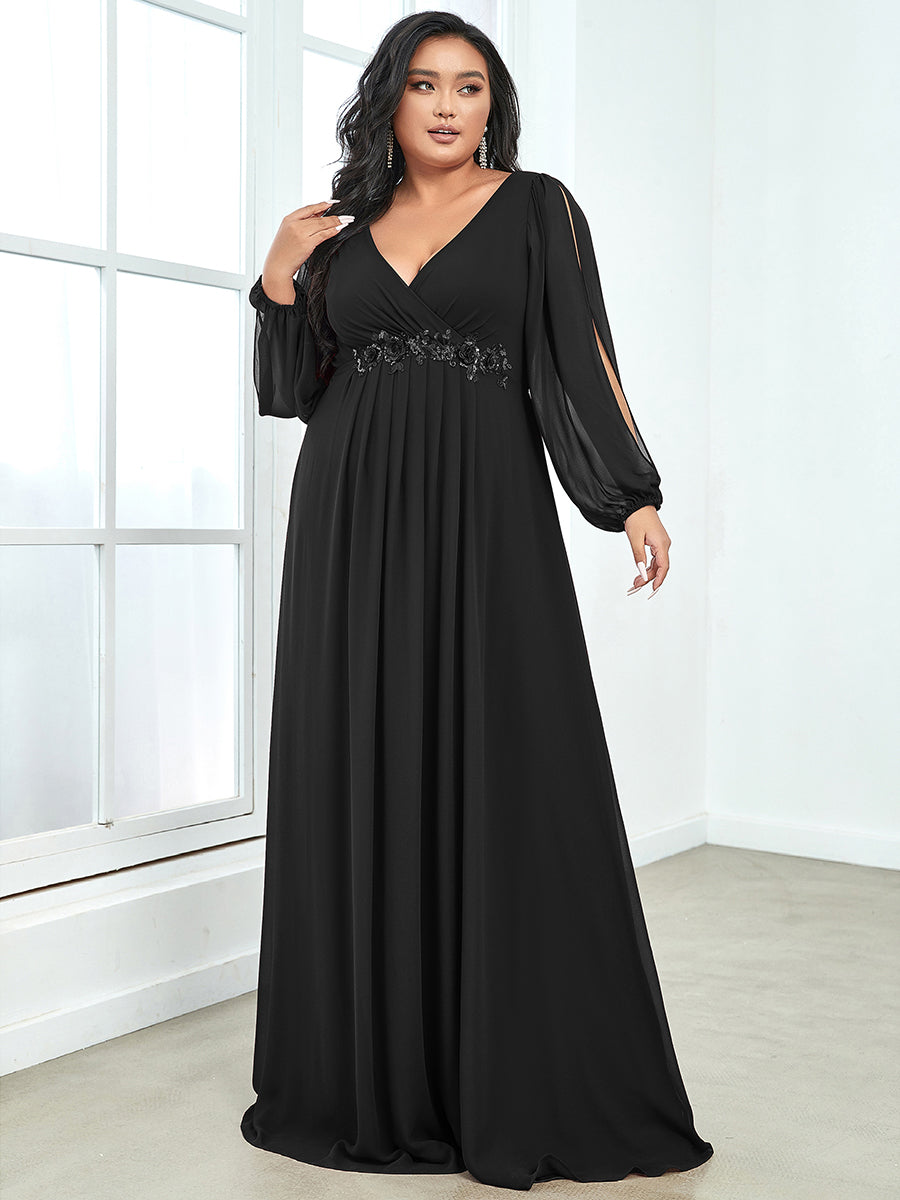 Robes de soirée élégantes en mousseline de soie grande taille avec manches longues en lanterne #Couleur_Noir