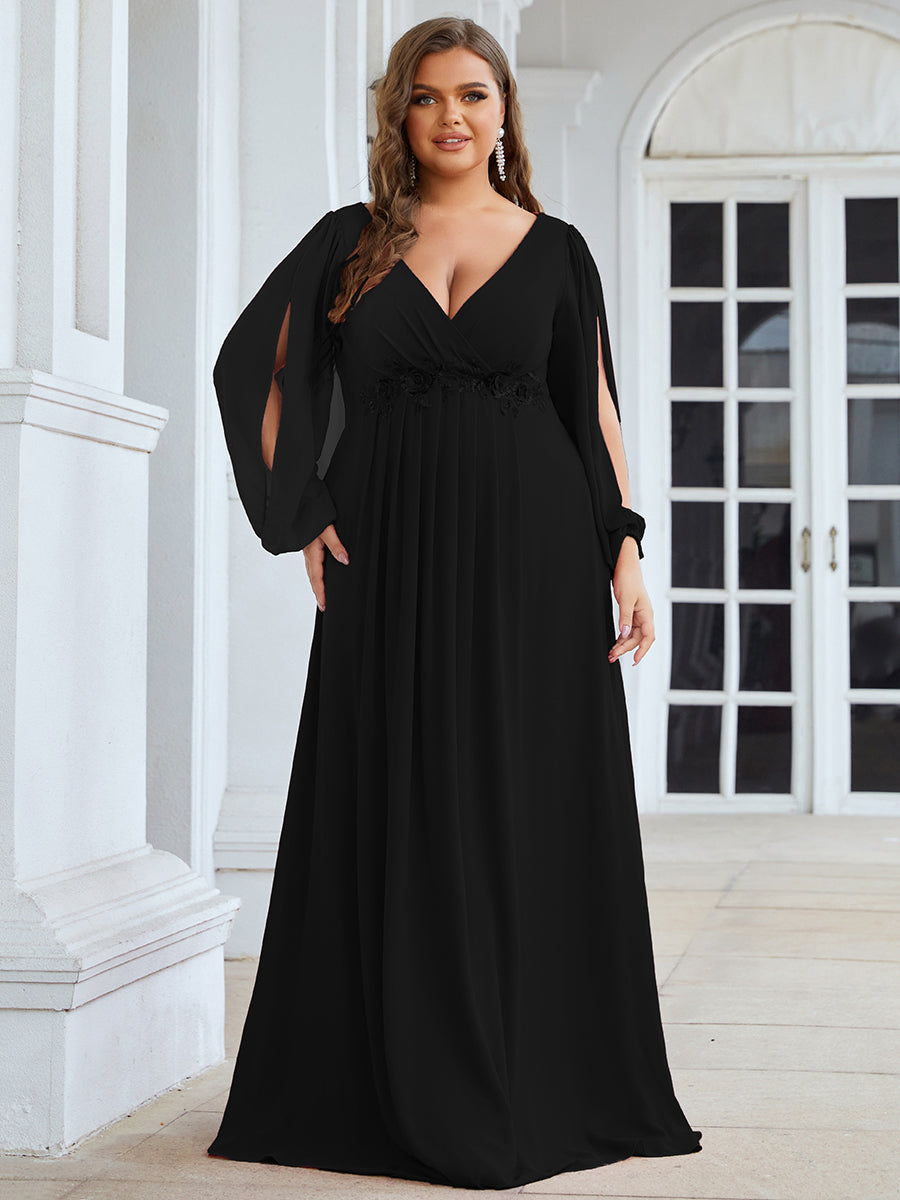 Robes de soirée élégantes en mousseline de soie grande taille avec manches longues en lanterne #Couleur_Noir