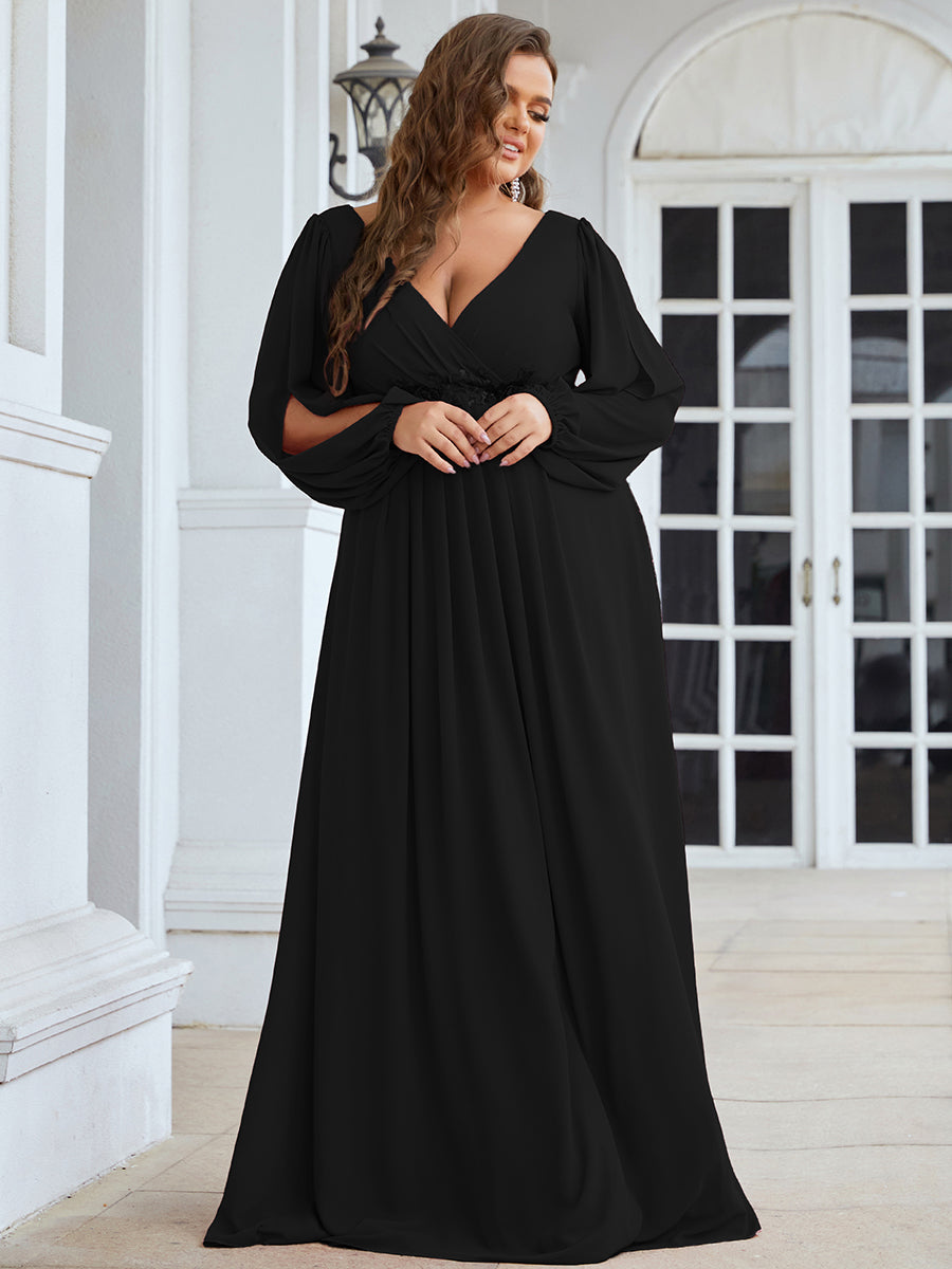 Robes de soirée élégantes en mousseline de soie grande taille avec manches longues en lanterne #Couleur_Noir