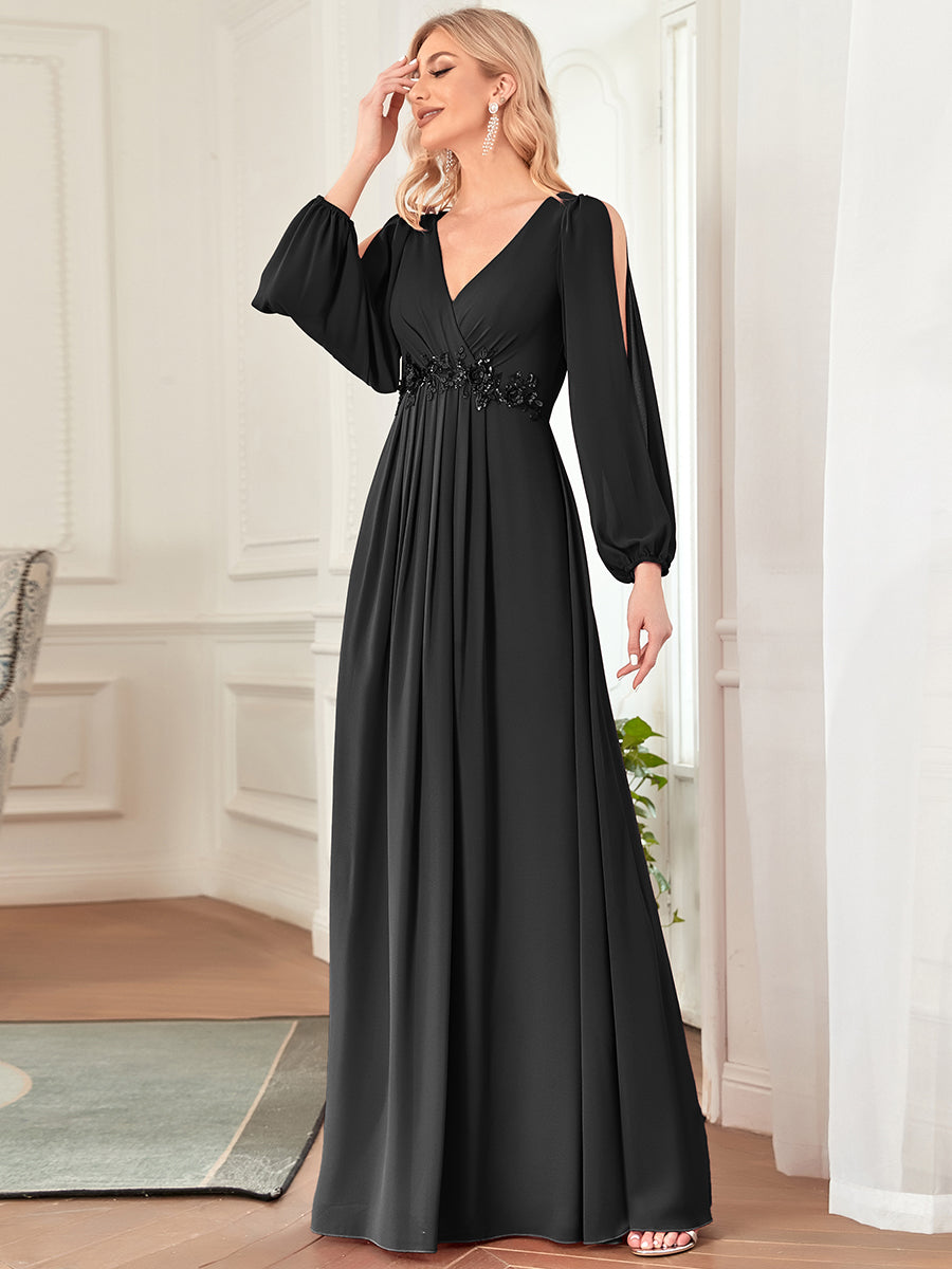 Robes de soirée élégantes en mousseline de soie grande taille avec manches longues en lanterne #Couleur_Noir