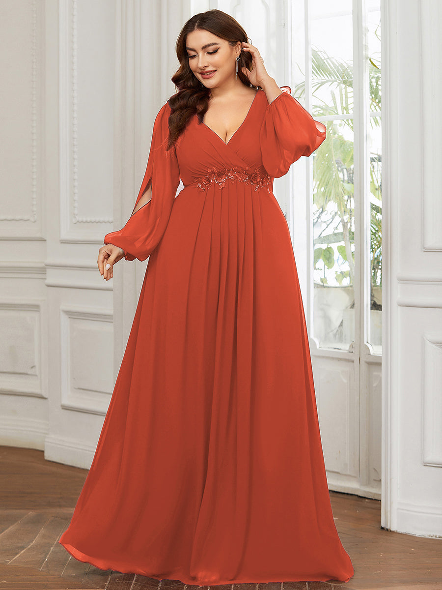 Robes de soirée élégantes en mousseline de soie grande taille avec manches longues en lanterne #Couleur_Burnt Orange