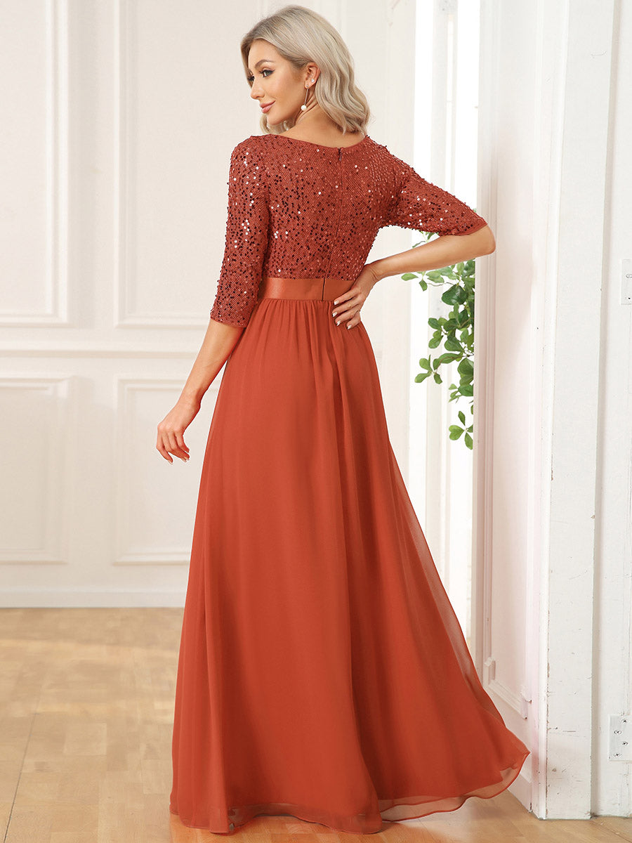 ever FLORENCE|Robe de soirée élégante à encolure ronde et à manches 3/4 en patchwork de sequins (Vente finale) #Couleur_Burnt Orange