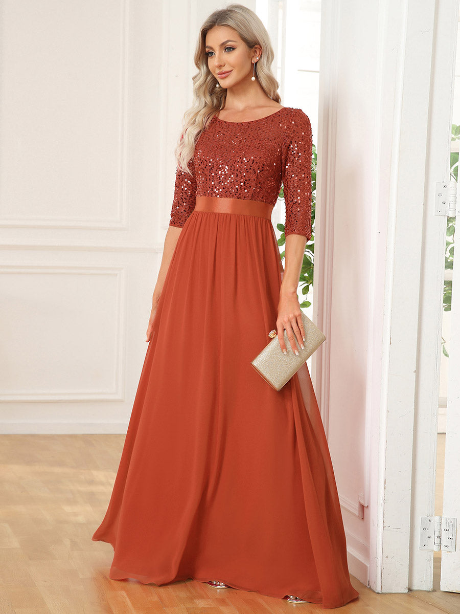 ever FLORENCE|Robe de soirée élégante à encolure ronde et à manches 3/4 en patchwork de sequins (Vente finale) #Couleur_Burnt Orange