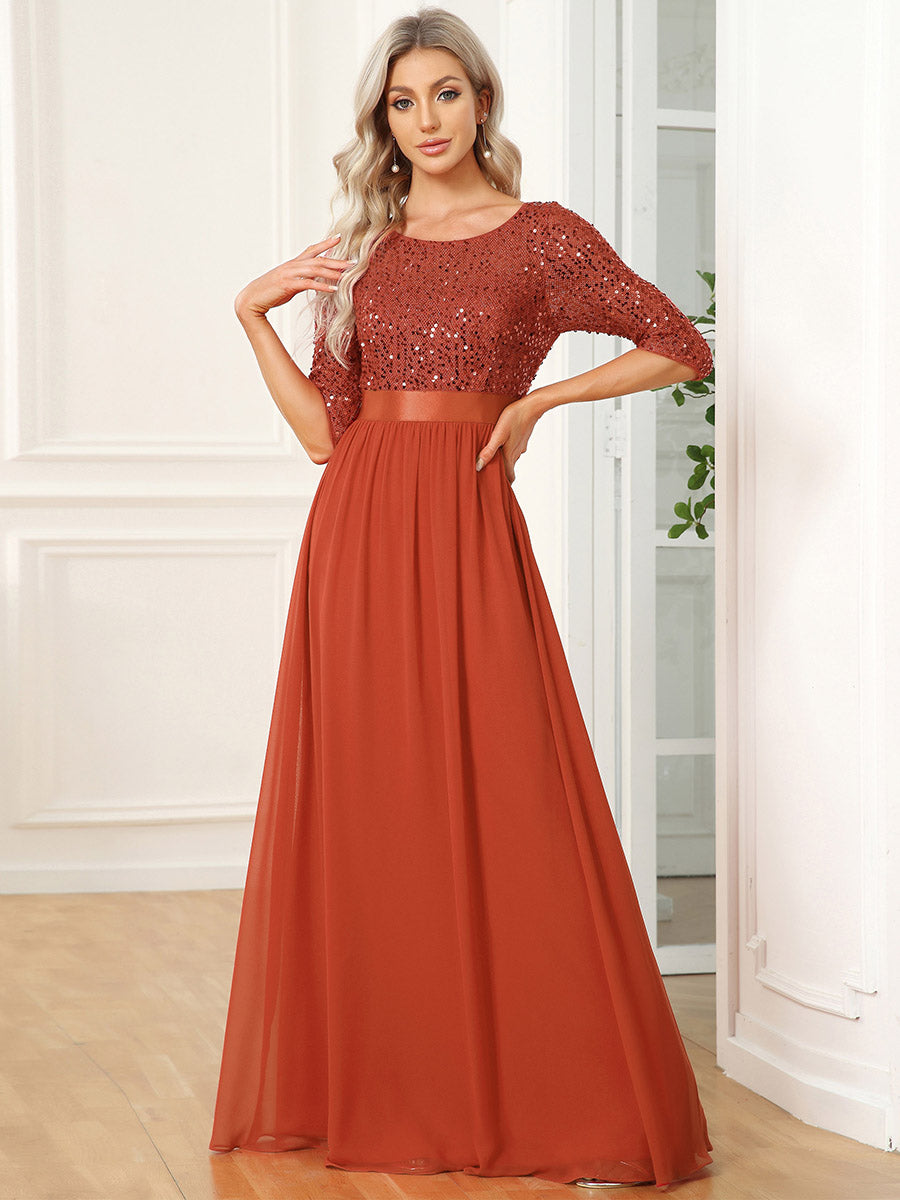 ever FLORENCE|Robe de soirée élégante à encolure ronde et à manches 3/4 en patchwork de sequins (Vente finale) #Couleur_Burnt Orange