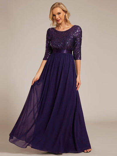 ever FLORENCE|Robe de soirée élégante à encolure ronde et à manches 3/4 en patchwork de sequins