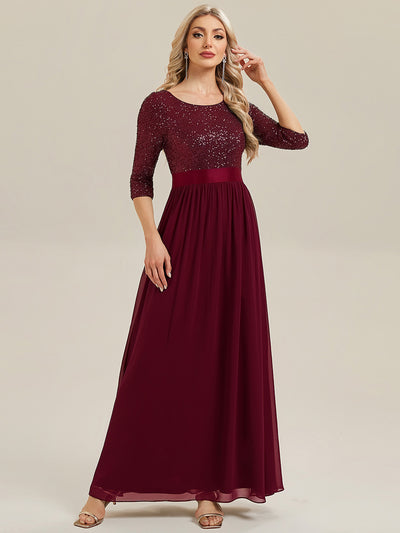 ever EMILIA|Robe de soirée chic à manches trois quarts en sequins avec patchwork coupe A longueur de sol et col rond