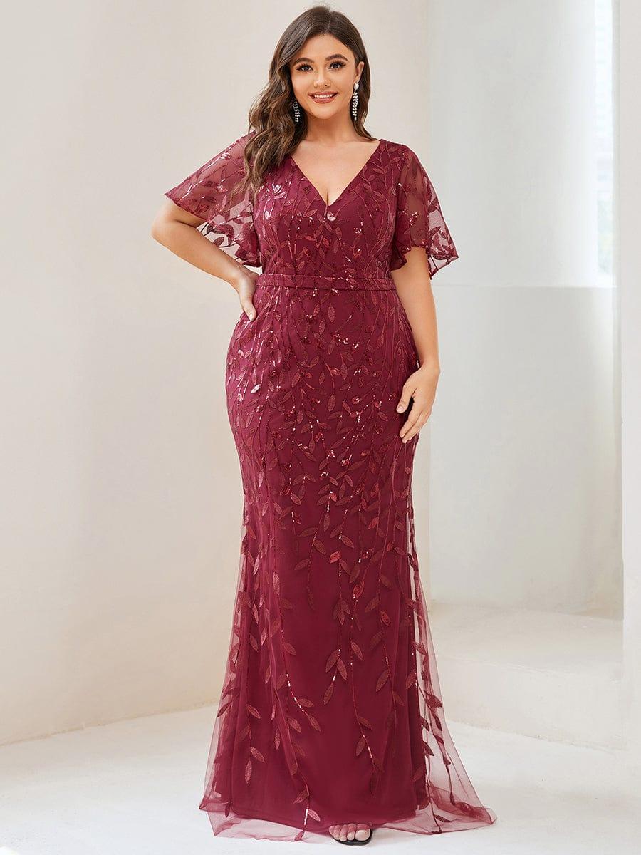 Robe de soirée sirène à paillettes et tulle à col en V grande taille #Couleur_Bordeaux