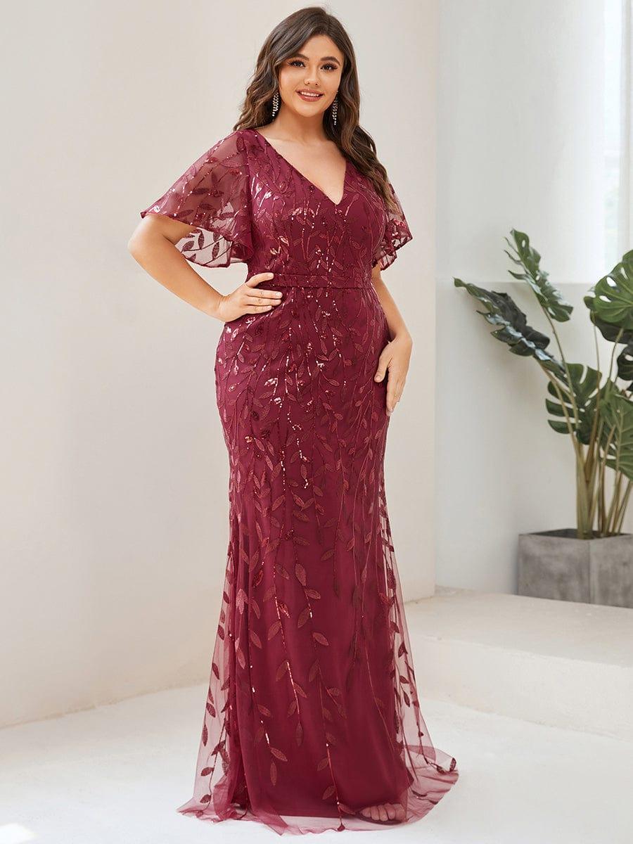 Robe de soirée sirène à paillettes et tulle à col en V grande taille #Couleur_Bordeaux