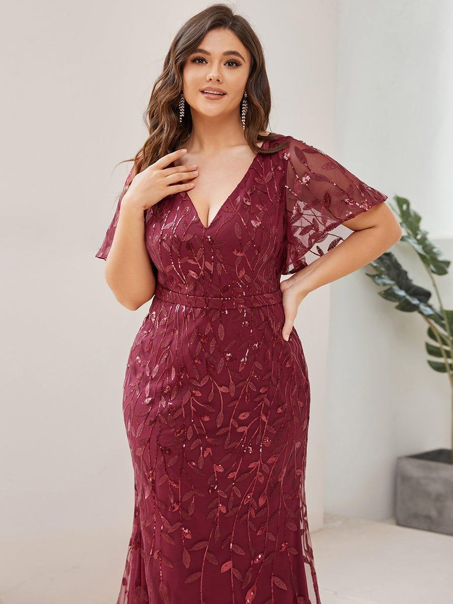 Robe de soirée sirène à paillettes et tulle à col en V grande taille #Couleur_Bordeaux