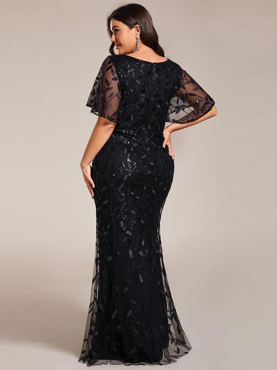 Robe de soirée sirène à paillettes et tulle à col en V grande taille #Couleur_Noir