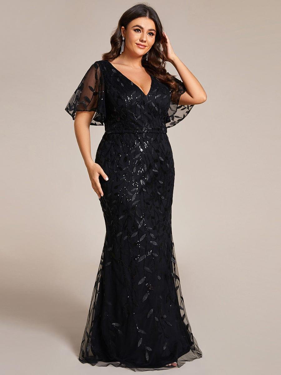 Robe de soirée sirène à paillettes et tulle à col en V grande taille #Couleur_Noir