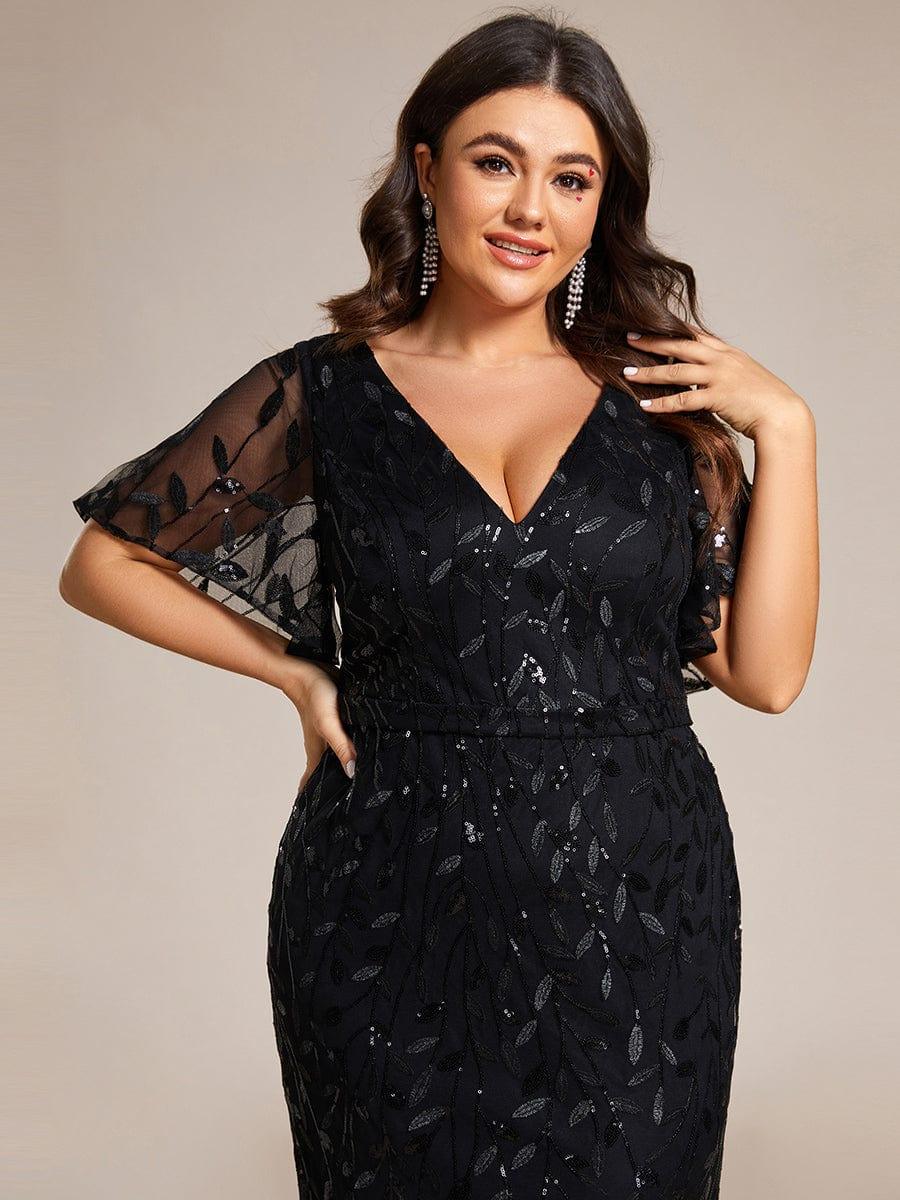 Robe de soirée sirène à paillettes et tulle à col en V grande taille #Couleur_Noir