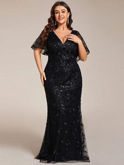 pretty DIONE|Robe de soirée sirène à paillettes et tulle à col en V grande taille