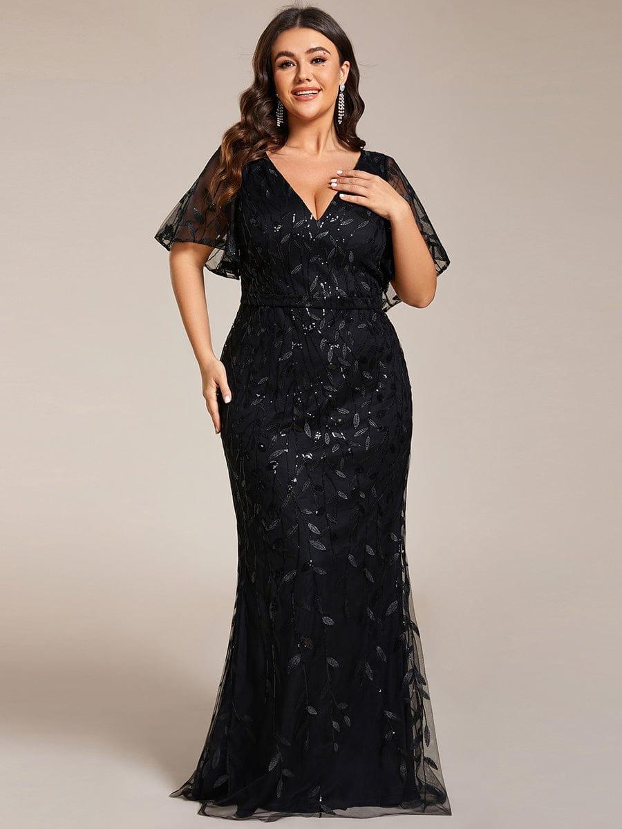 Robe de soirée sirène à paillettes et tulle à col en V grande taille #Couleur_Noir