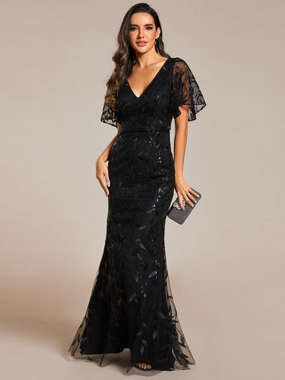 ever DIONE|Robe de soirée en queue de poisson à paillettes et feuilles à col en V