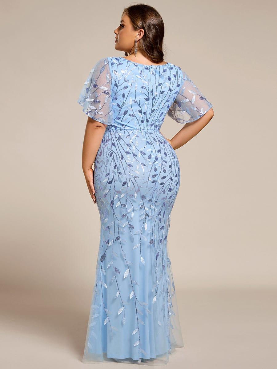 Robe de soirée sirène à paillettes et tulle à col en V grande taille #Couleur_Bleu Ciel