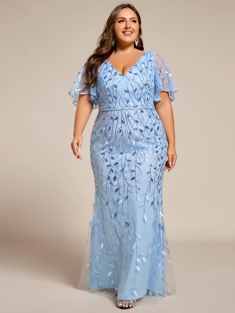 Robe de soirée sirène à paillettes et tulle à col en V grande taille #Couleur_Bleu Ciel