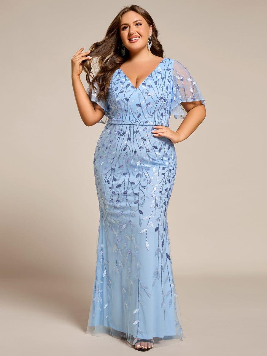 Robe de soirée sirène à paillettes et tulle à col en V grande taille #Couleur_Bleu Ciel