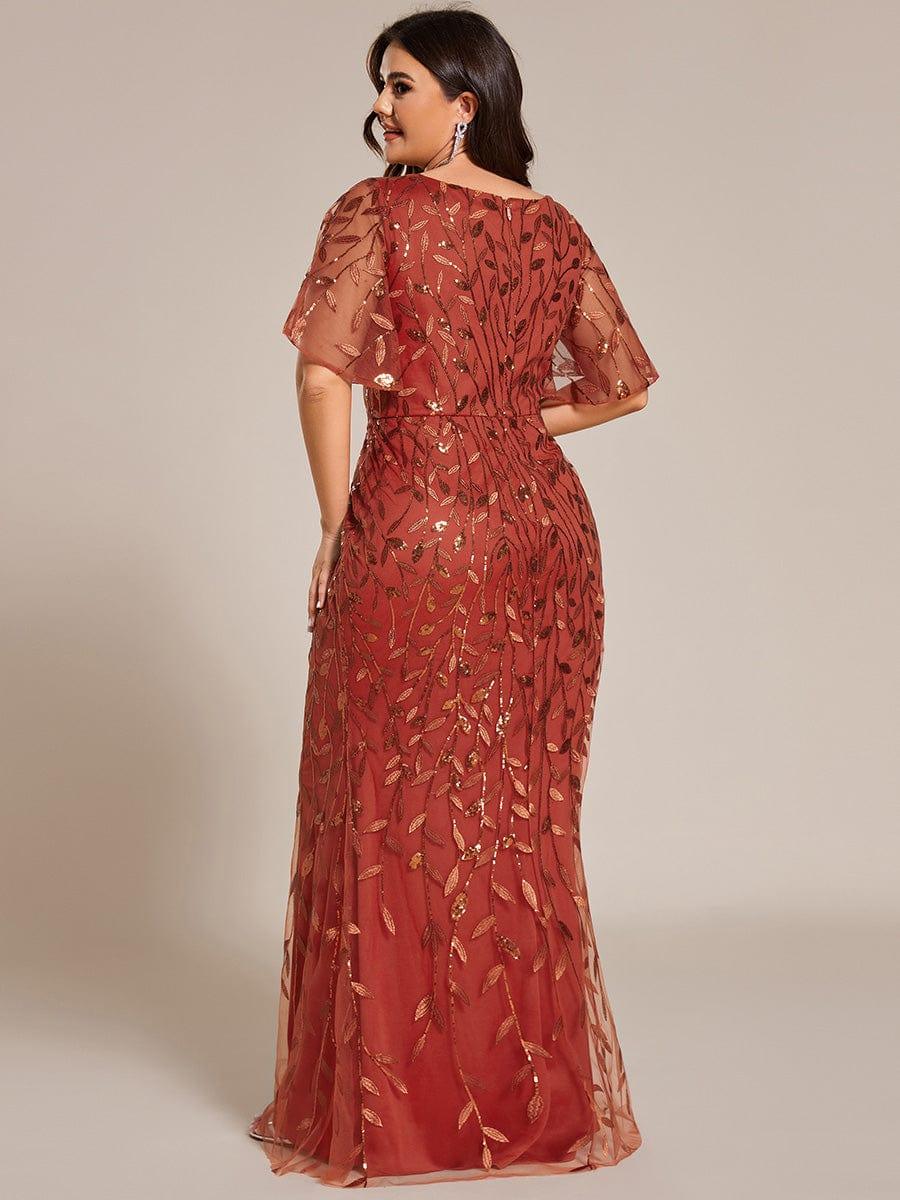 Robe de soirée sirène à paillettes et tulle à col en V grande taille #Couleur_Orange Brûlée