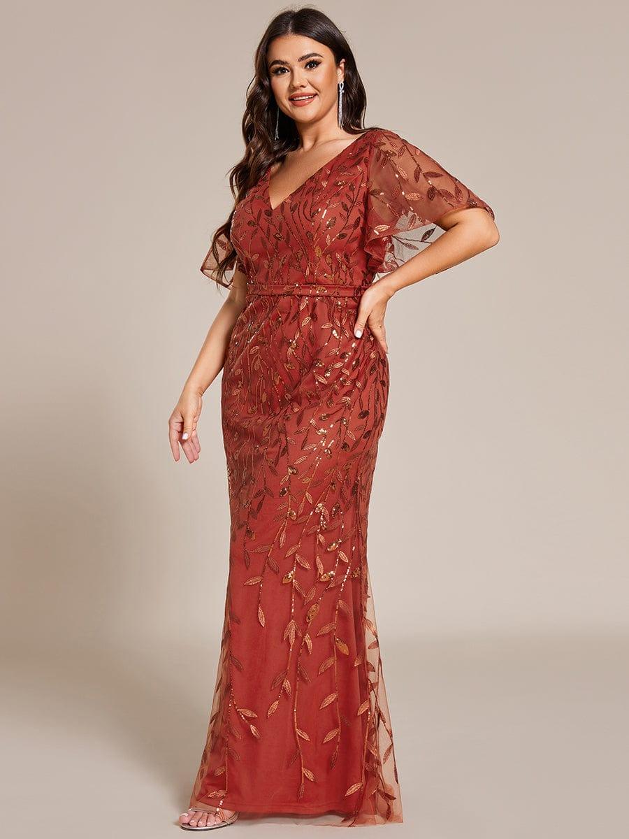 Robe de soirée sirène à paillettes et tulle à col en V grande taille #Couleur_Orange Brûlée