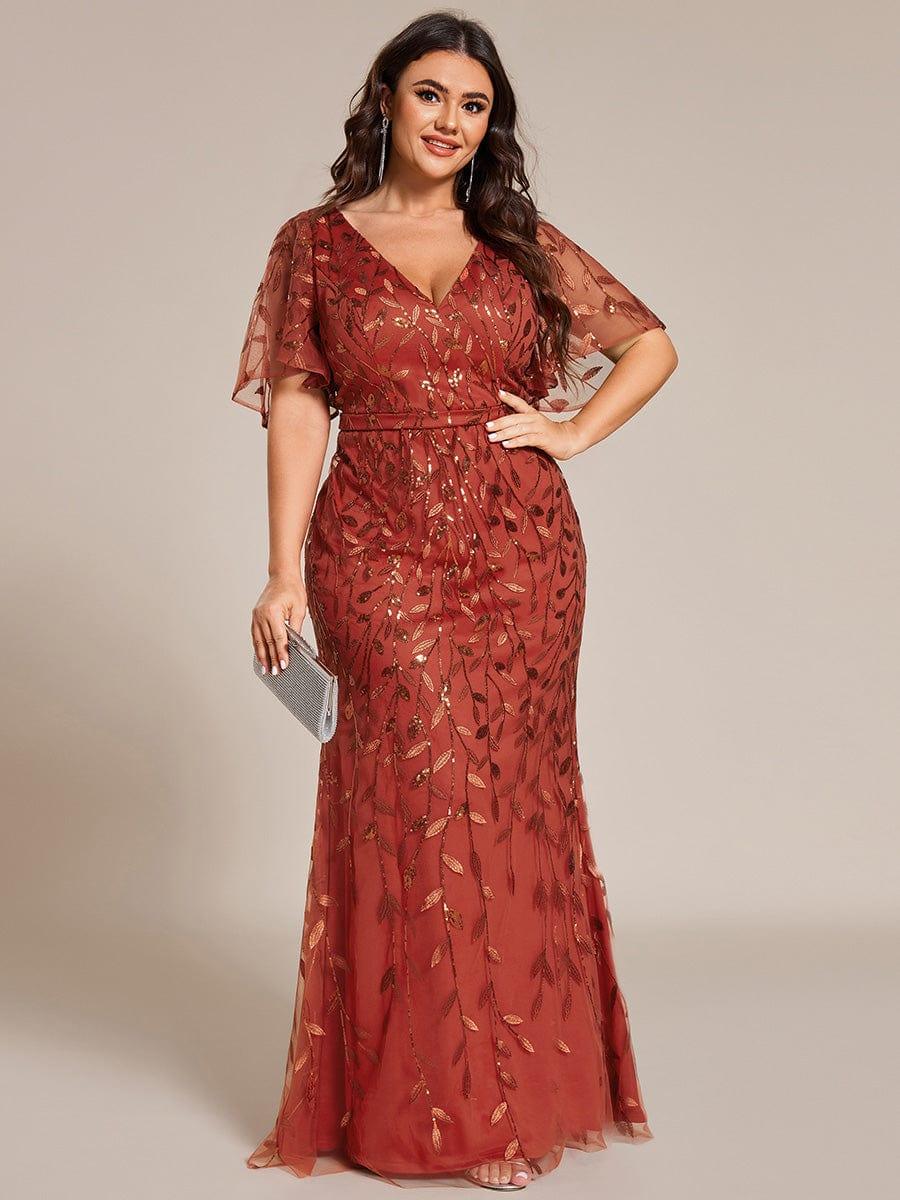 Robe de soirée sirène à paillettes et tulle à col en V grande taille #Couleur_Orange Brûlée