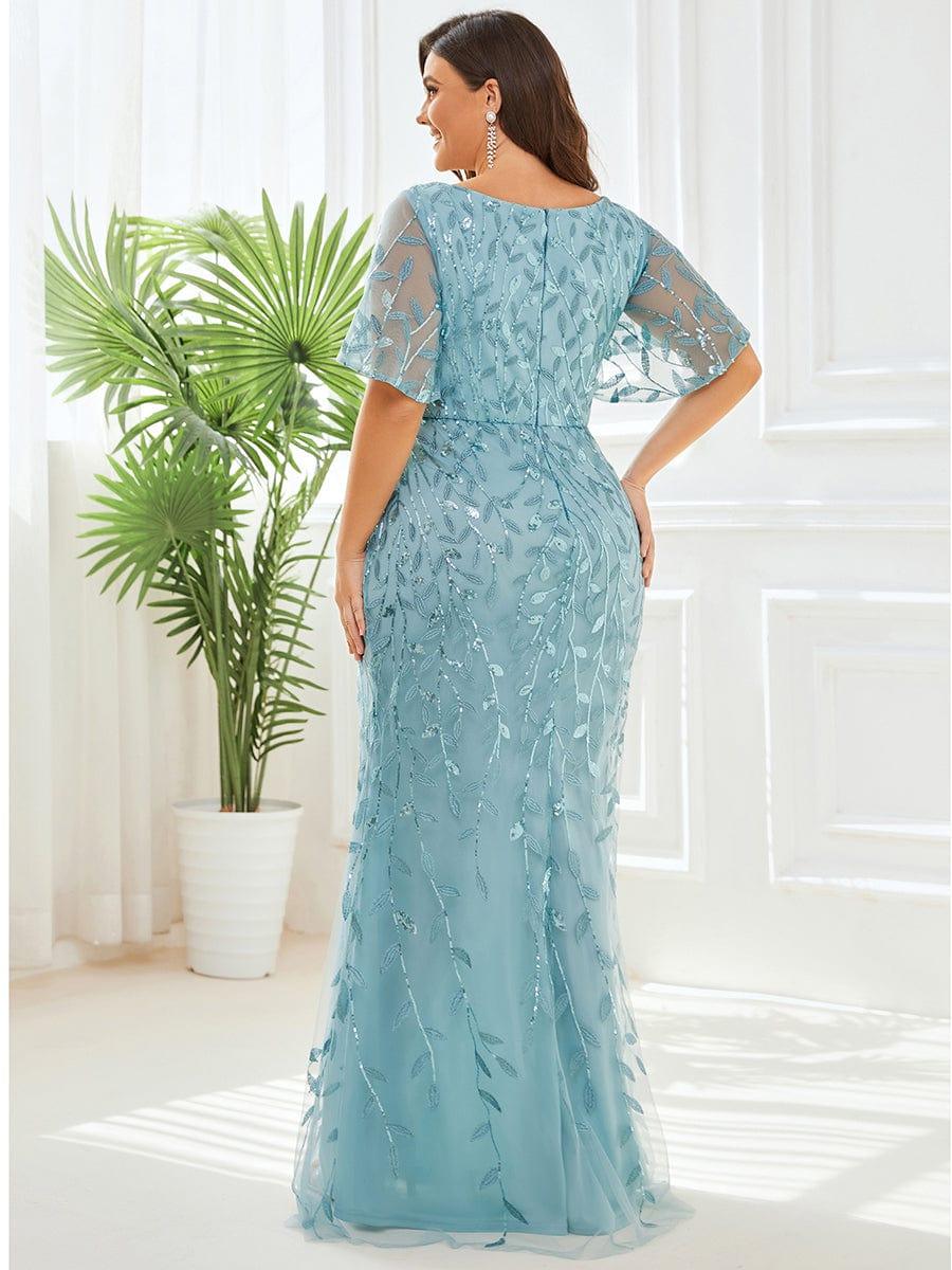 Robe de soirée sirène à paillettes et tulle à col en V grande taille #Couleur_Bleu Fume