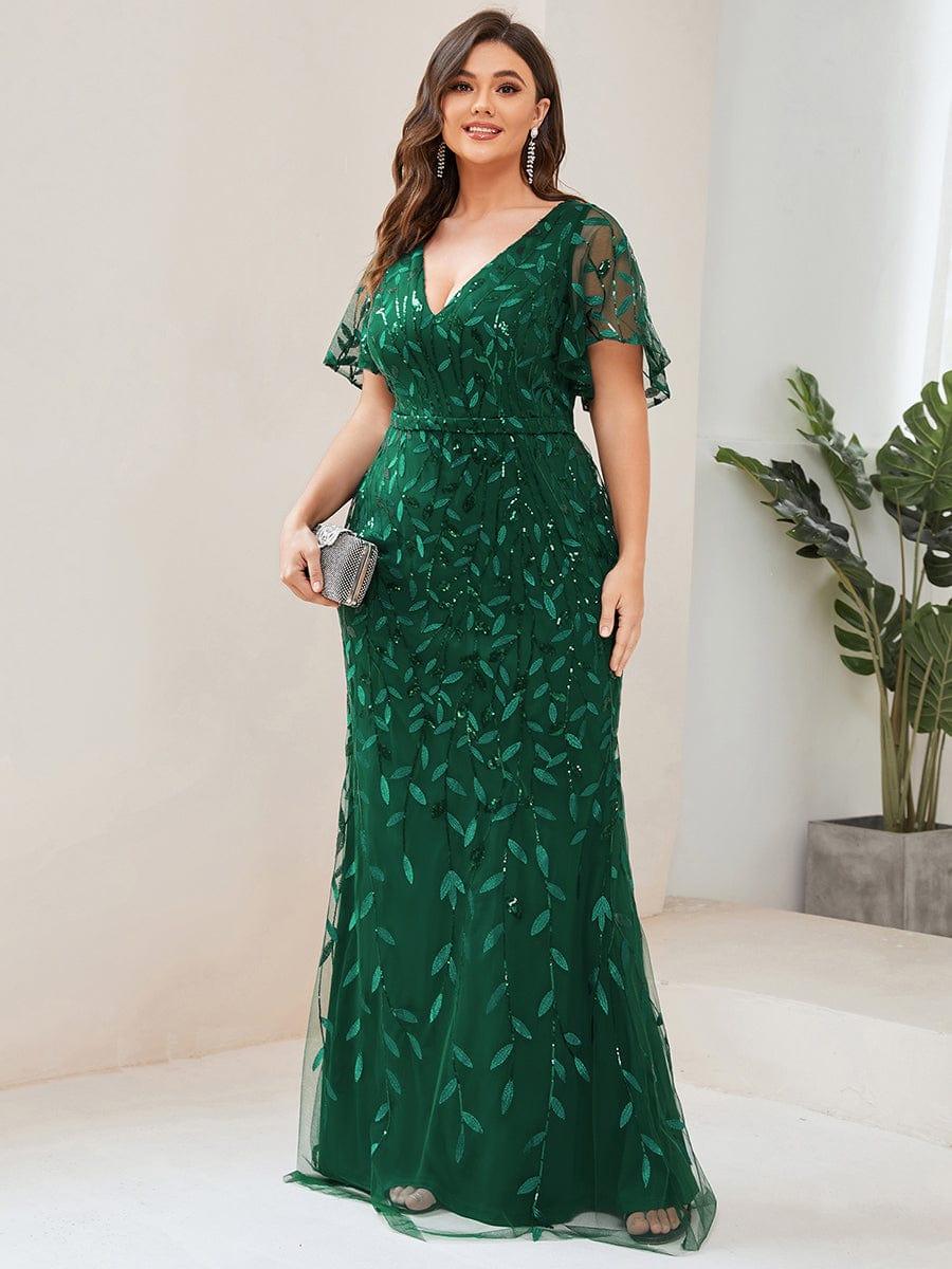 Robe de soirée sirène à paillettes et tulle à col en V grande taille #Couleur_Vert Fonce
