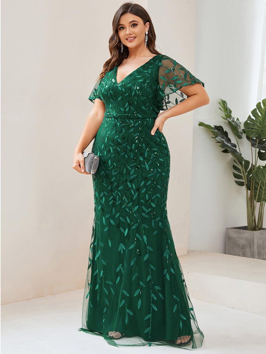 Robe de soirée sirène à paillettes et tulle à col en V grande taille #Couleur_Vert Fonce
