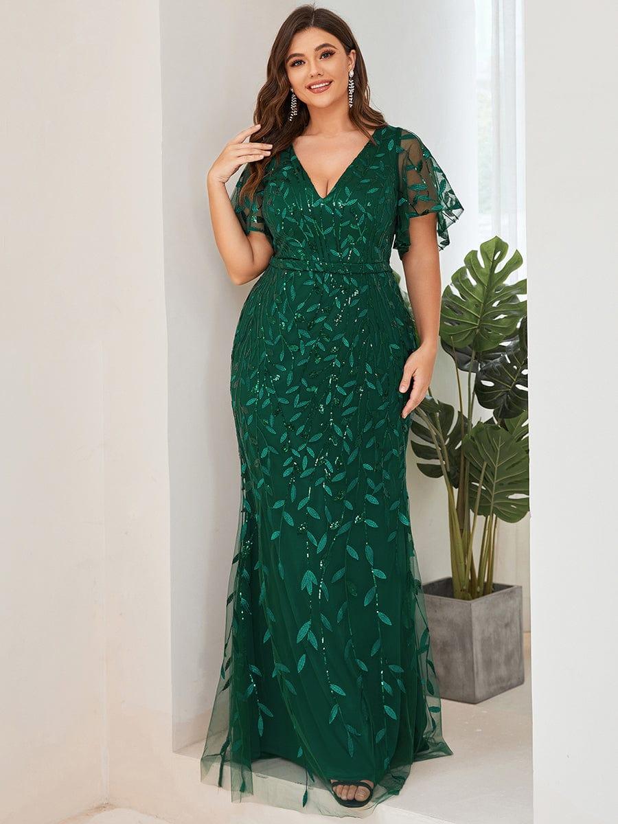 Robe de soirée sirène à paillettes et tulle à col en V grande taille #Couleur_Vert Fonce