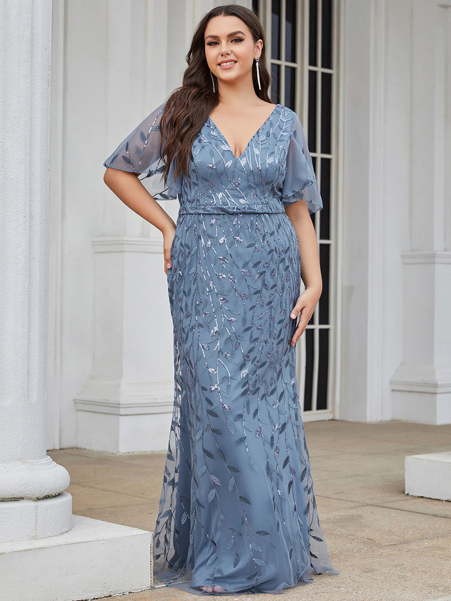 Robe de soirée en queue de poisson à paillettes et feuilles à col en V #Couleur_Marine Fume