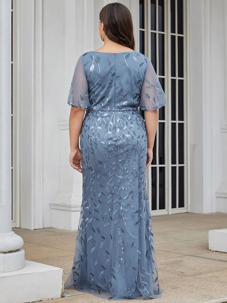 Robe de soirée en queue de poisson à paillettes et feuilles à col en V #Couleur_Marine Fume