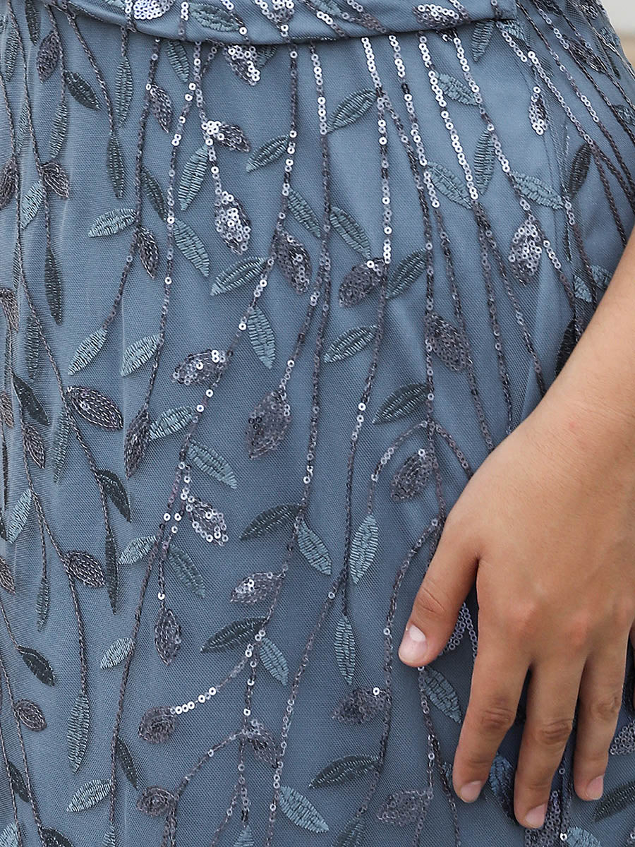 Robe de soirée en queue de poisson à paillettes et feuilles à col en V #Couleur_Marine Fume