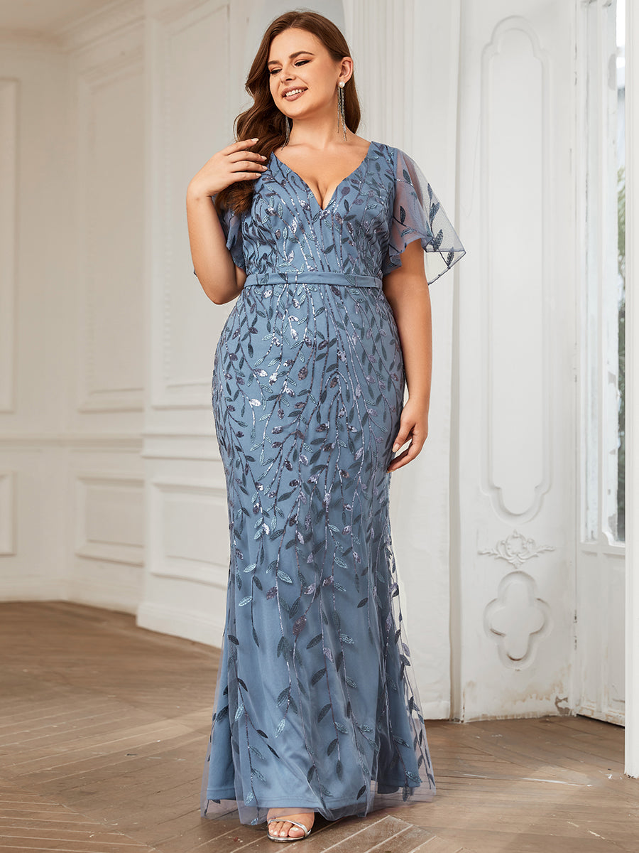 Robe de soirée en queue de poisson à paillettes et feuilles à col en V #Couleur_Marine Fume