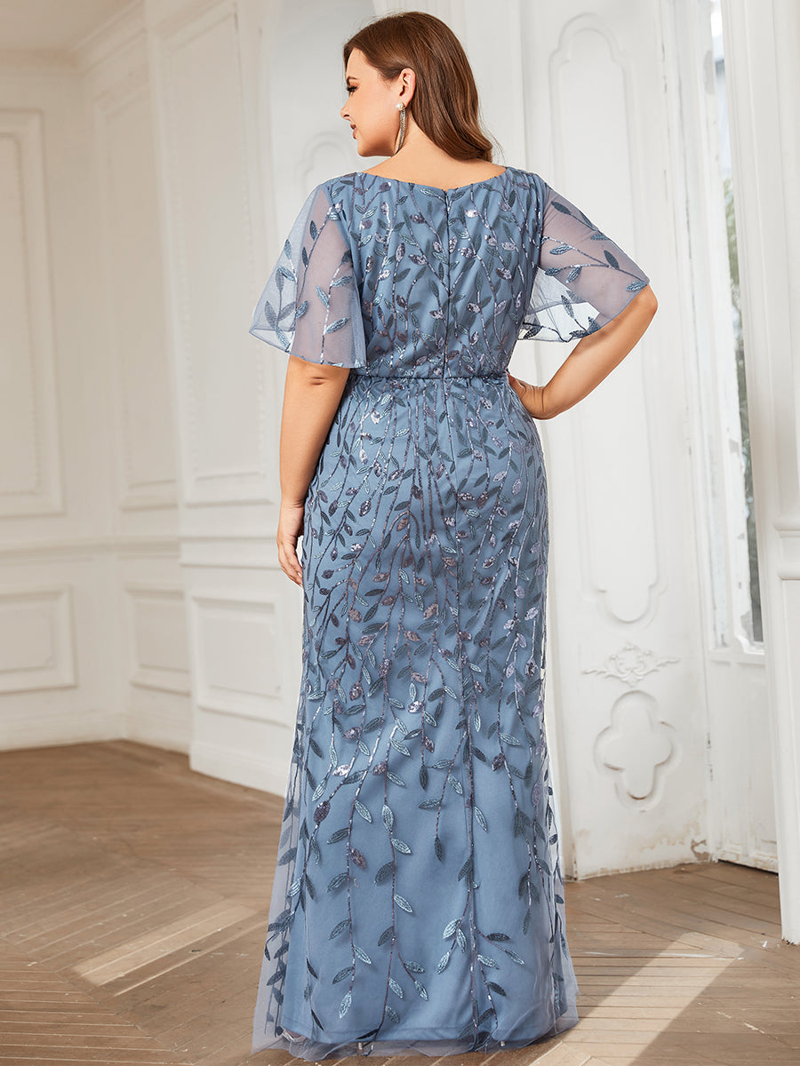 Robe de soirée en queue de poisson à paillettes et feuilles à col en V #Couleur_Marine Fume