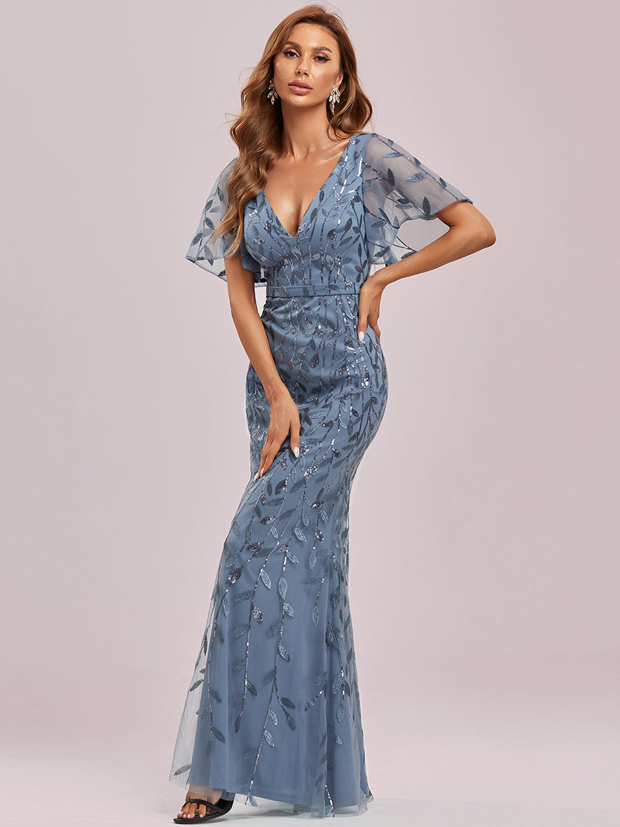 Robe de soirée en queue de poisson à paillettes et feuilles à col en V #Couleur_Marine Fume