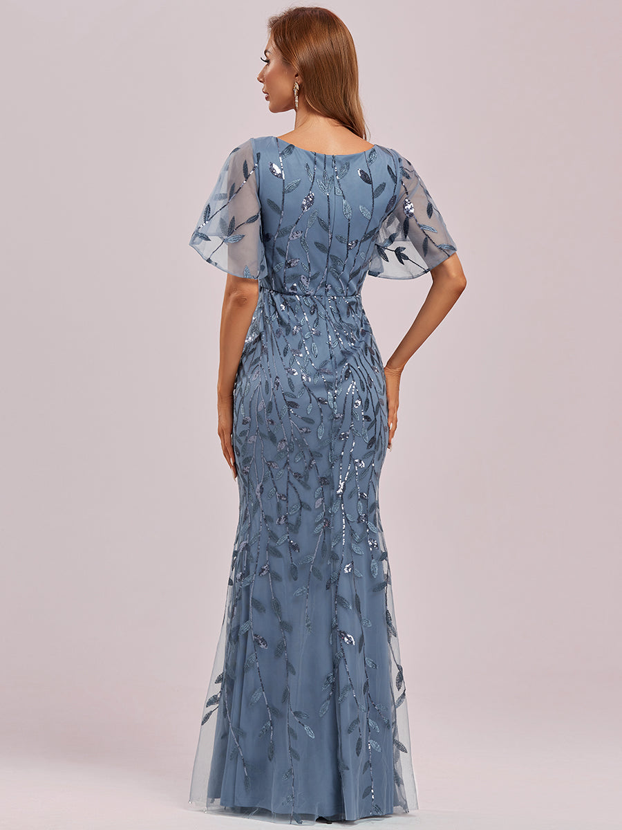 Robe de soirée en queue de poisson à paillettes et feuilles à col en V #Couleur_Marine Fume