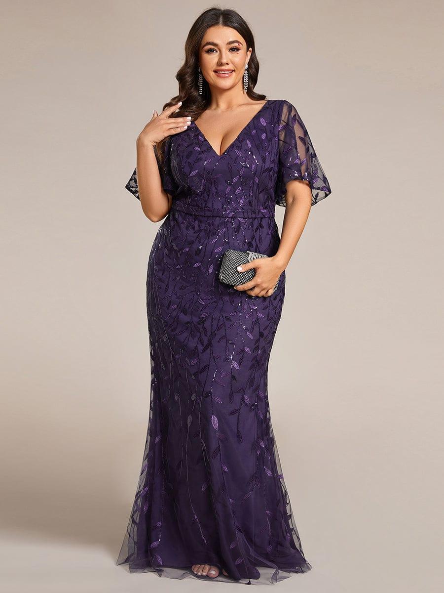 Robe de soirée sirène à paillettes et tulle à col en V grande taille #Couleur_Violet Fonce