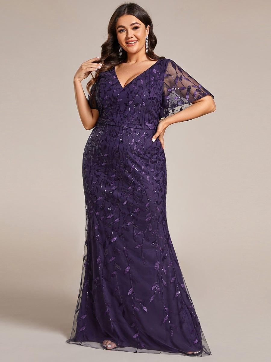 Robe de soirée sirène à paillettes et tulle à col en V grande taille #Couleur_Violet Fonce