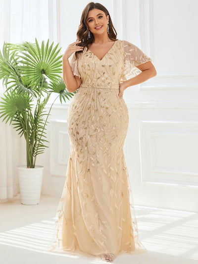 pretty DIONE|Robe de soirée sirène à paillettes et tulle à col en V grande taille