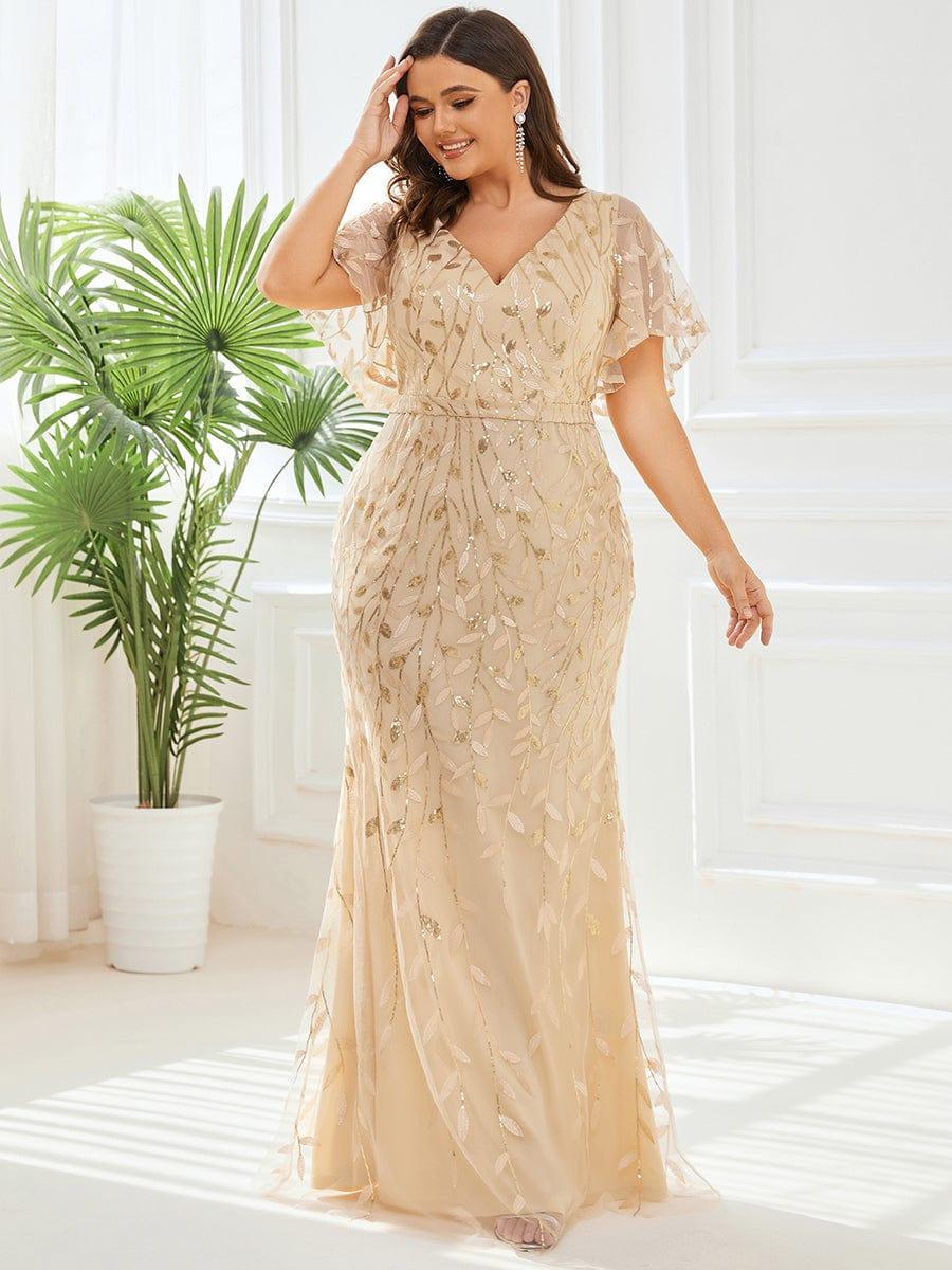 Robe de soirée sirène à paillettes et tulle à col en V grande taille #Couleur_Or