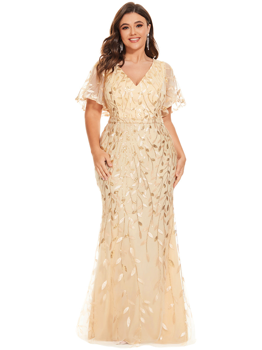 Robe de soirée en queue de poisson à paillettes et feuilles à col en V #Couleur_Dorée