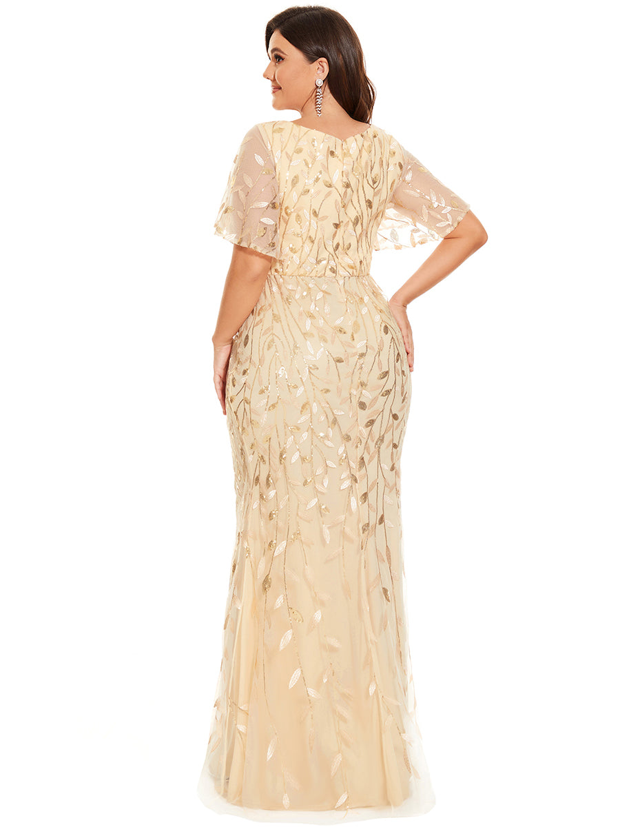 Robe de soirée en queue de poisson à paillettes et feuilles à col en V #Couleur_Dorée