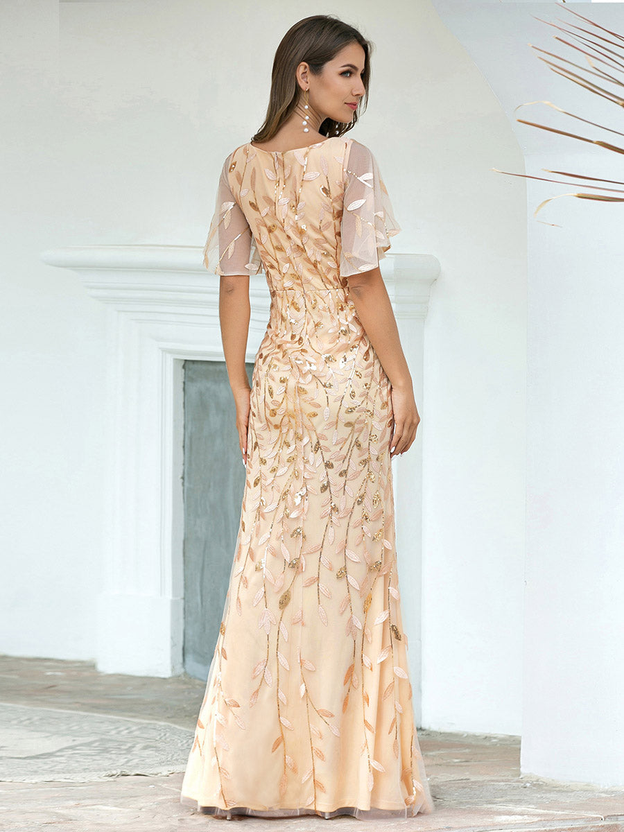 Robe de soirée en queue de poisson à paillettes et feuilles à col en V #Couleur_Dorée