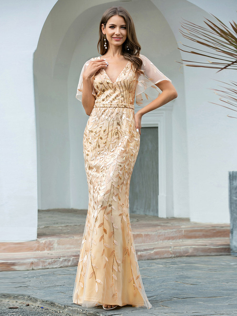 Robe de soirée en queue de poisson à paillettes et feuilles à col en V #Couleur_Dorée