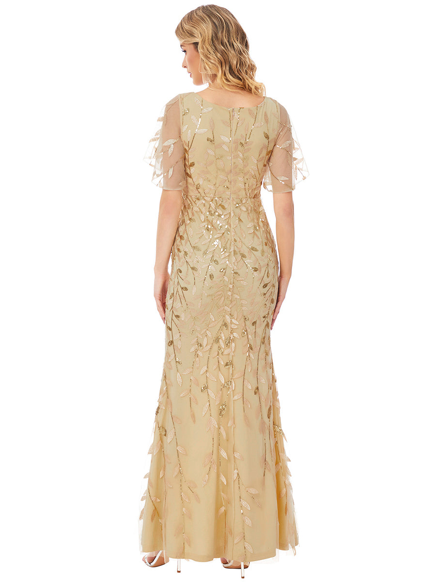Robe de soirée en queue de poisson à paillettes et feuilles à col en V #Couleur_Dorée