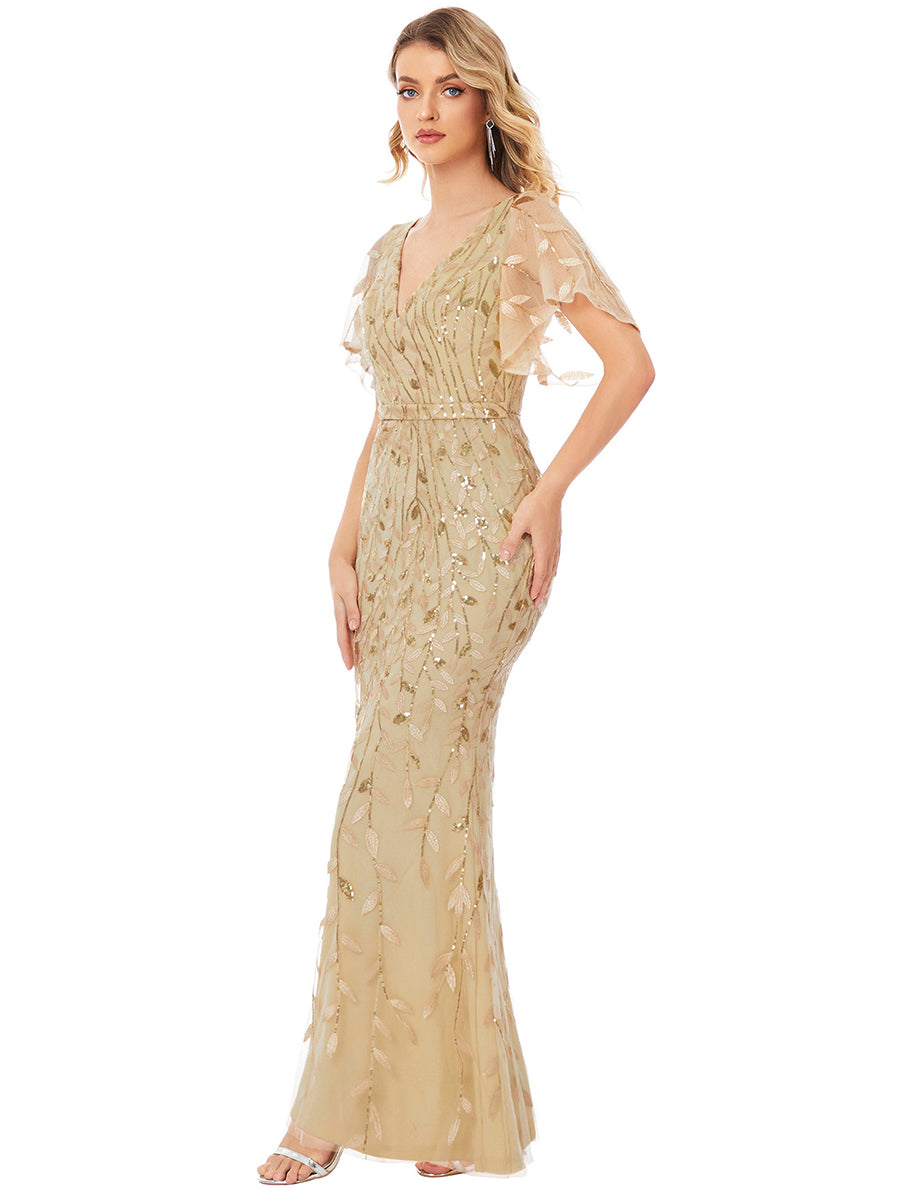 Robe de soirée en queue de poisson à paillettes et feuilles à col en V #Couleur_Dorée
