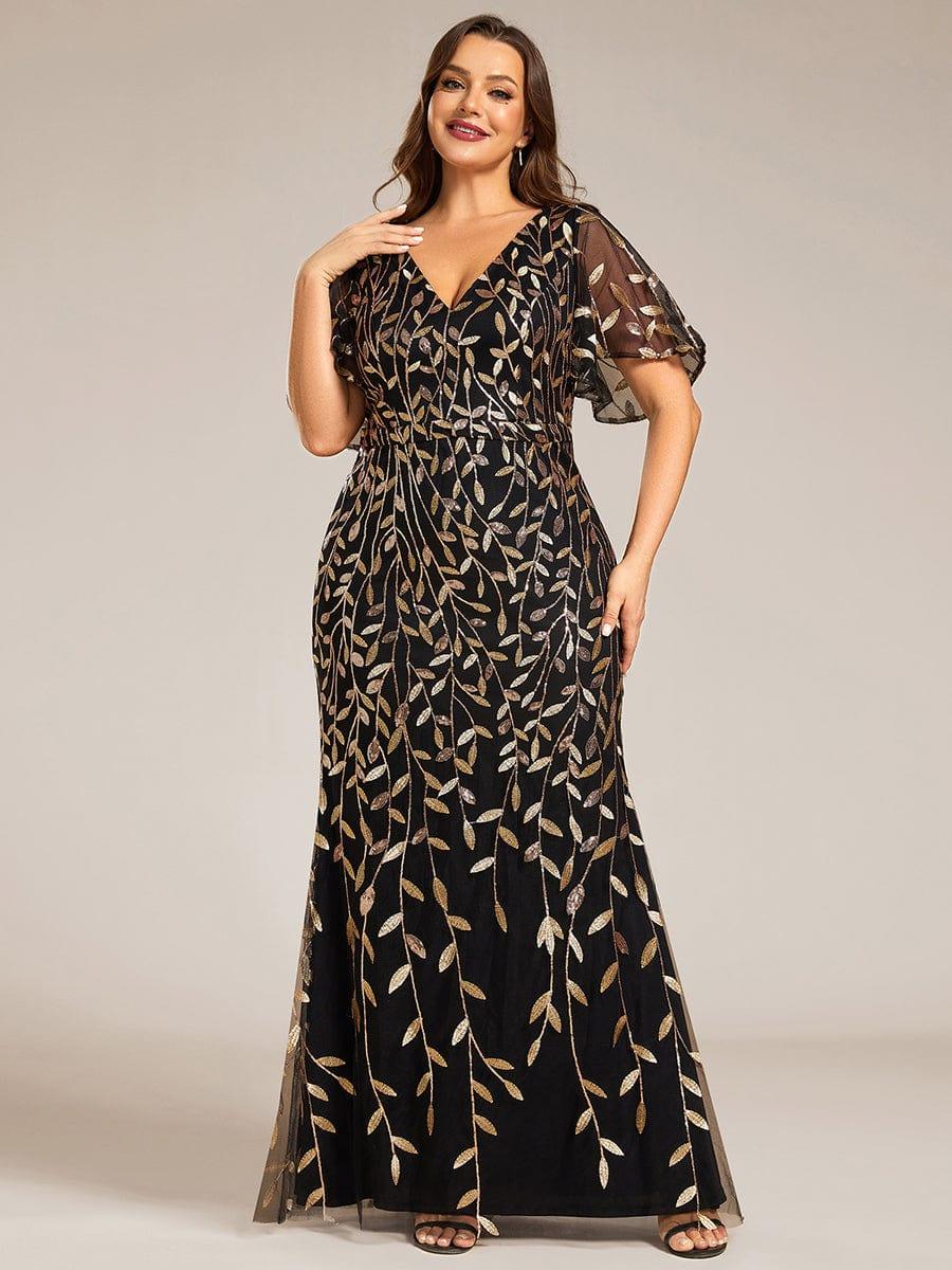 Robe de soirée sirène à paillettes et tulle à col en V grande taille #Couleur_Noir & Or