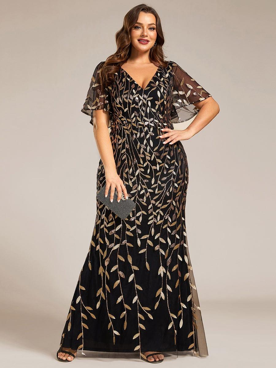 Robe de soirée sirène à paillettes et tulle à col en V grande taille #Couleur_Noir & Or